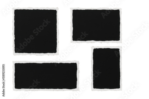 Four black squares with white borders. The squares are torn and ripped