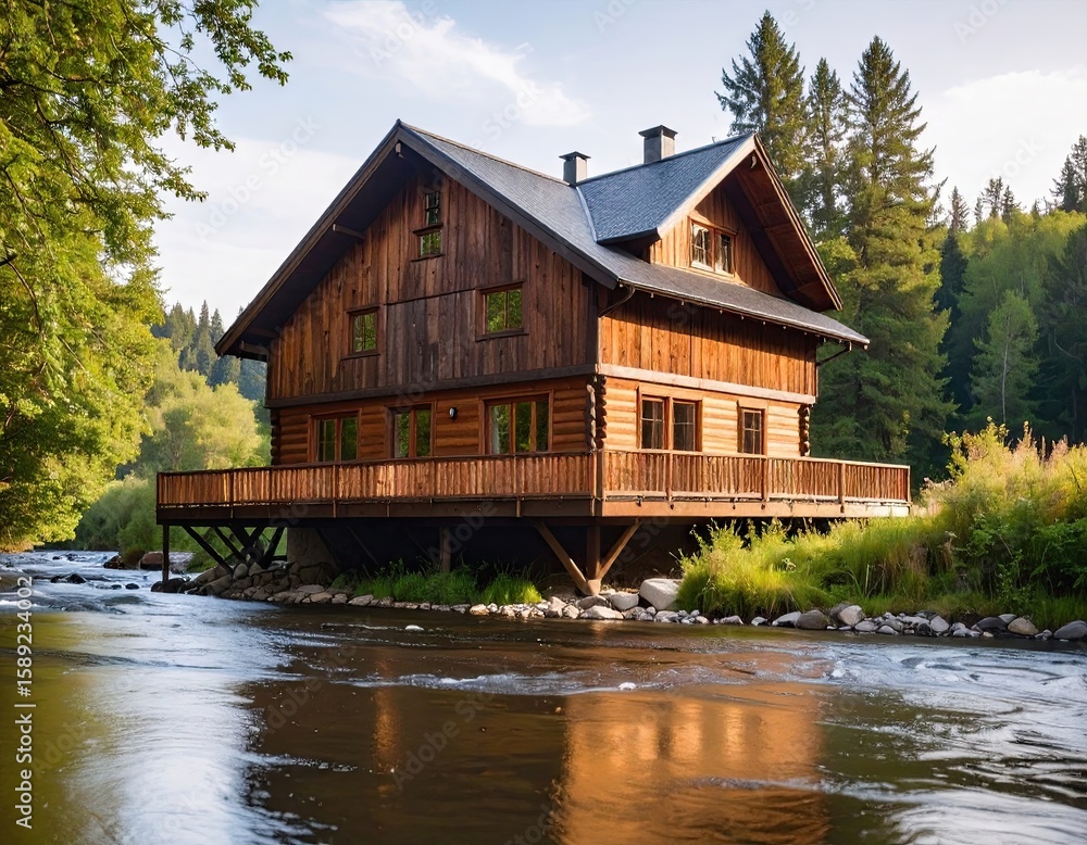Obraz premium Rustic wooden house by a river