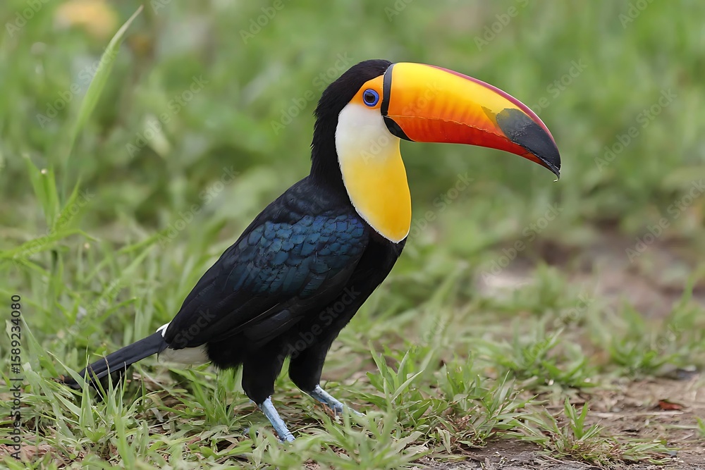 Obraz premium Full body shot of a Toco Toucan posing in a grassy area
