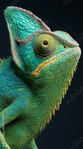 Colorful Chameleon Displaying Intricate Patterns in Vibrant Hues on a Black B...