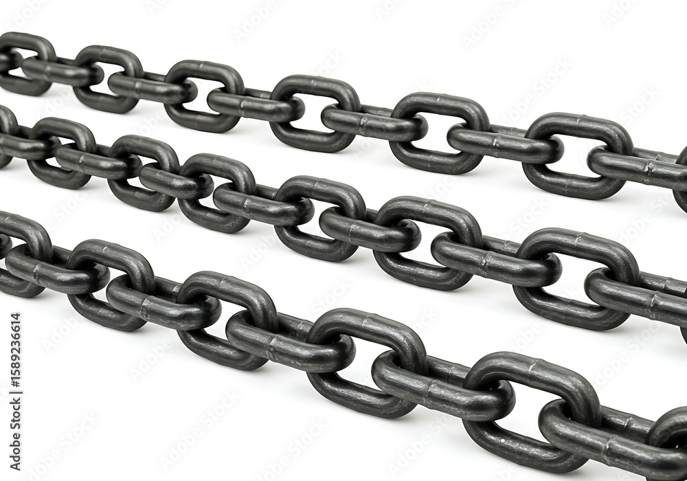 Three rows of metal chains on white surface Three rows of metal chains on white surface