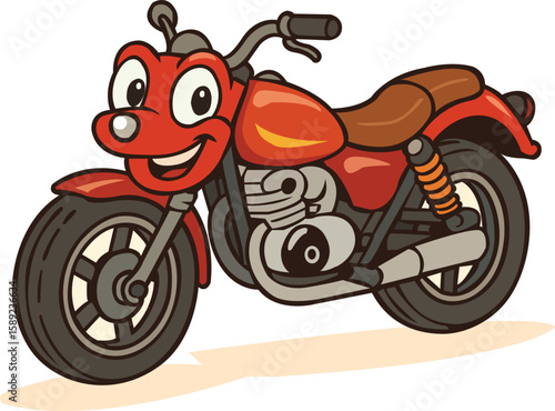 Editable cartoon vector illustration of a red motorcycle with a happy smiling face and big eyes. Perfect for children's books, automotive stickers, nursery prints, and print on demand products.