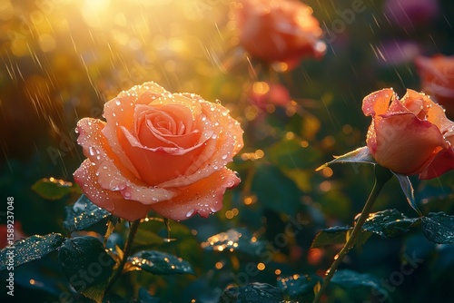 Beautiful Pink Roses Glistening With Morning Dew in a Serene Garden Setting