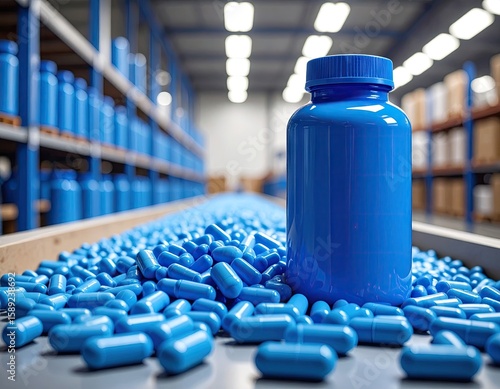 Wallpaper Mural Blue pill bottles and capsules on a conveyor belt in a warehouse Torontodigital.ca