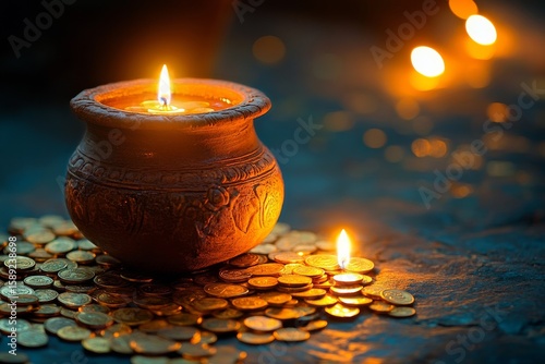 Lighting Decorative Candles and Clay Pots on a Bed of Coins During a Festive ...