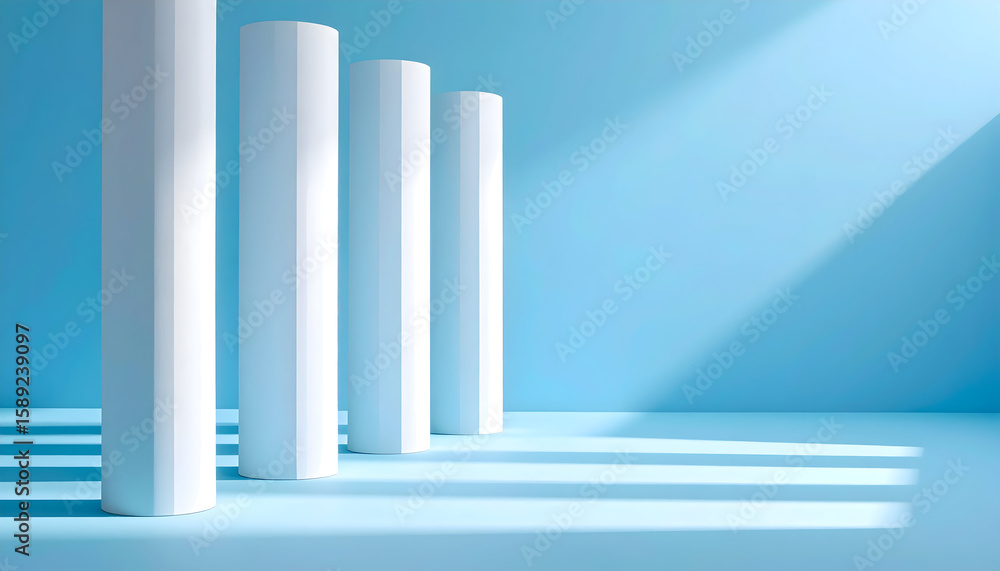 White Cylindrical Columns in a Blue Room with Sunlight White Cylindrical Columns in a Blue Room with Sunlight