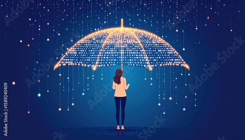 Digital Avatar Standing Under Glowing Pixelated Umbrella Against a Blue Backdrop Representing Data Protection