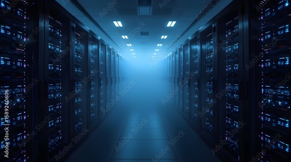Fototapeta premium Futuristic Data Center Hallway: Symmetrical Blue Server Racks with Pulsating LED Lights in Misty Infinite Corridor