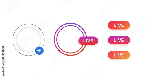 Collection of social media live streaming icons and buttons for instagram stories