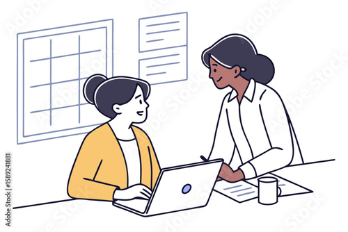 Two female developers having an informal discussion while seated, working on code and ideas in modern flat illustration style.