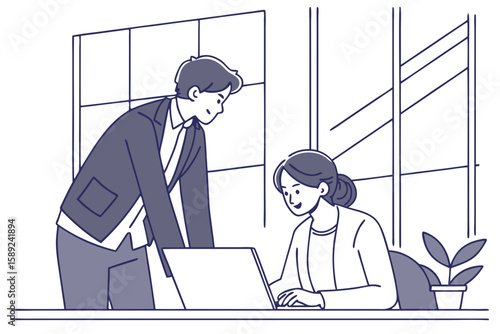 Two professionals engaged in serious business conversation, focusing on strategy and collaboration in modern flat illustration style.