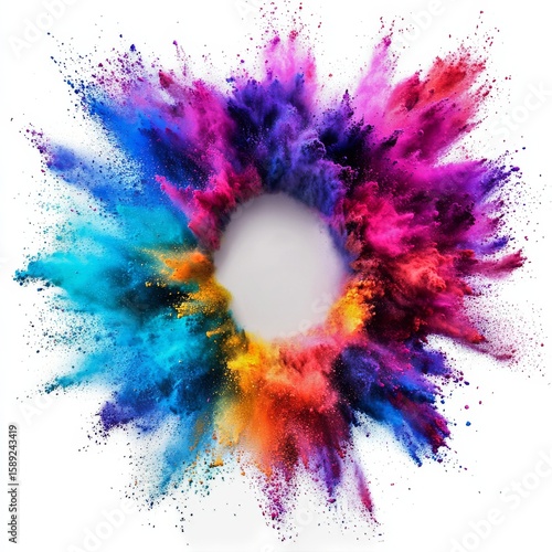 Vibrant Explosion of Colored Powder Creating a Dynamic Abstract Pattern on Wh...