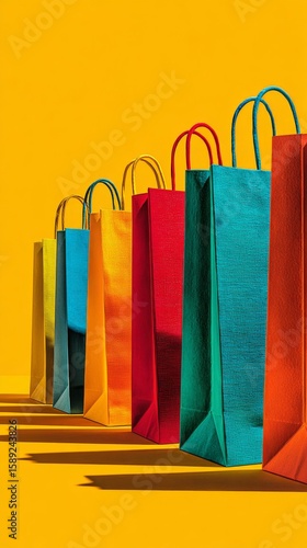 Colorful Shopping Bags Arranged in a Row Against a Bright Yellow Background.