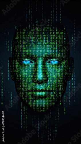 Digital Human Face Dissolving Into Pixelated Green Machine Code On Dark Background With Glowing Blue Eyes