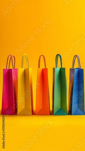 Colorful Shopping Bags Arranged in a Row Against a Bright Yellow Background