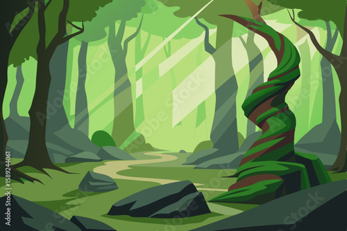 ancient forest with twisted trees  moss covered 
