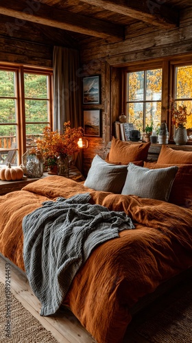 Cozy Cabin Bedroom With Orange Bedding and Autumn Decor in a Rustic Setting