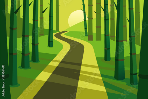bamboo forest with filtered sunlight and a narrow  