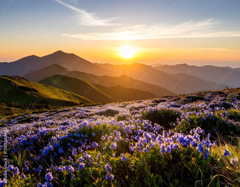Obraz premium Vast expanses of vibrant blue monkshood flowers blanket the rolling hills at sunrise, with the golden sun cresting over distant mountain peaks, casting a warm glow over the serene landscape.