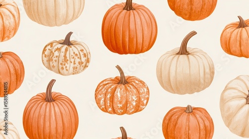 Seamless pattern of various sized and colored pumpkins on a beige background.