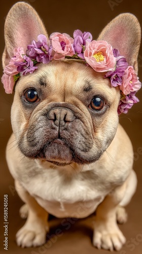 French Bulldog Wearing Floral Crown in Studio Setting While Sitting Gracefully.