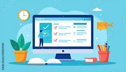 Digital Interface with Checklist for eLearning Goals and Tasks on Blue Background