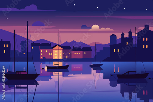 calm harbor at dusk with boats docked  reflecting .svg