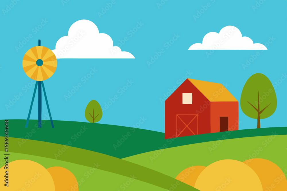 Naklejka premium calm rural field with a barn windmill and scatte.svg