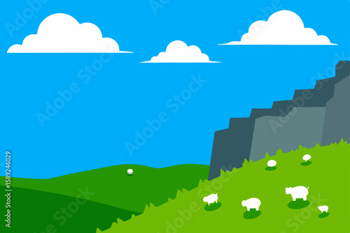 cliffside pasture with grazing sheep  dry stone 