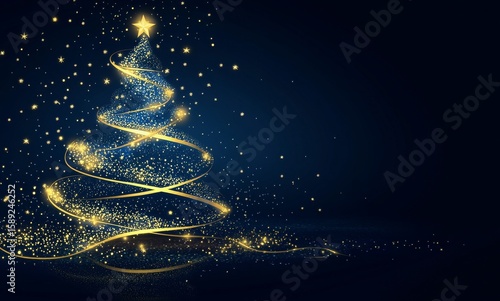 Sparkling Christmas Tree Adorned With Golden Lights Shines Brightly in a Dark...