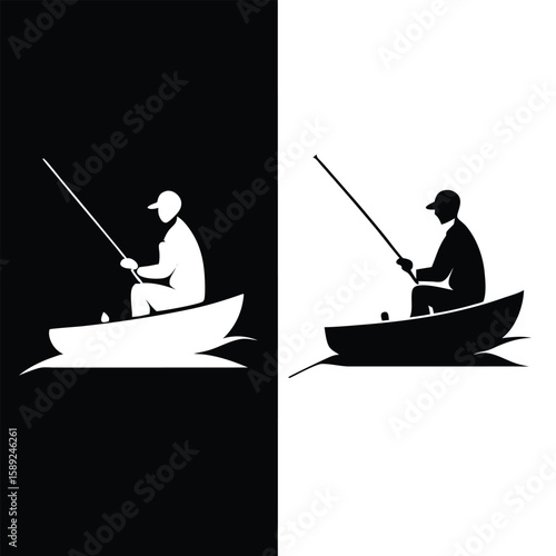 Black illustration of a fisherman on a boat, a person sport fishing on the water