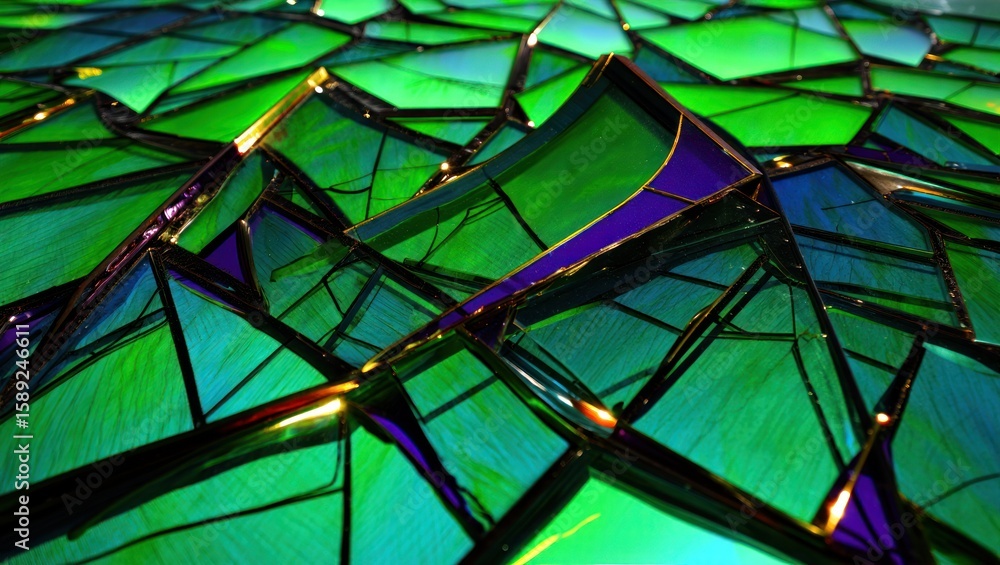 Fototapeta premium Geometric stained glass mosaic with vibrant green and blue hues