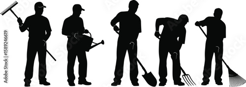 Silhouettes of gardeners, working with rake, shovel, watering can, pitchfork, black and white vector, gardening, landscaping, outdoor labor, tools