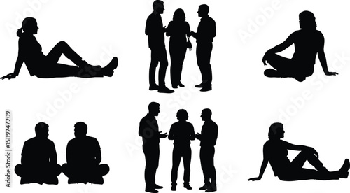 Silhouette people sitting and talking, group discussion and relaxing poses, communication, teamwork, leisure, friendship, casual meeting, black vector illustration