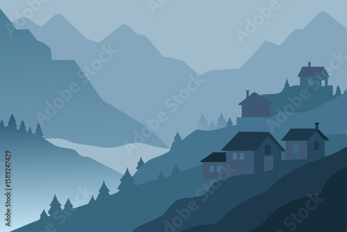 dense fog enveloping a quiet village 