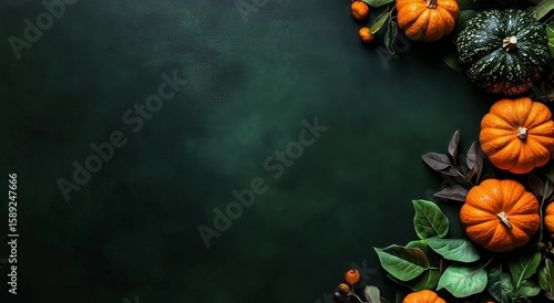 Colorful Autumn Pumpkins and Greens on Dark Surface for Seasonal Decoration a...