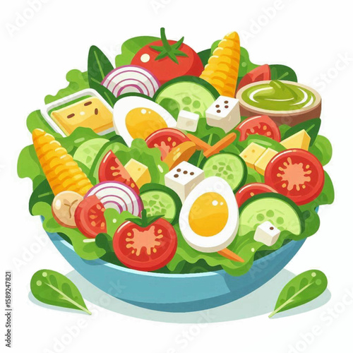 Salad bowl lettuce tomato cucumber eggs corn onion feta spinach cheese dressing