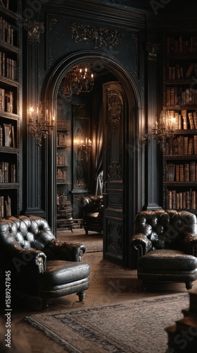 Dark and Elegant Library With Vintage Seating and Intricate Decor in a Cozy S...