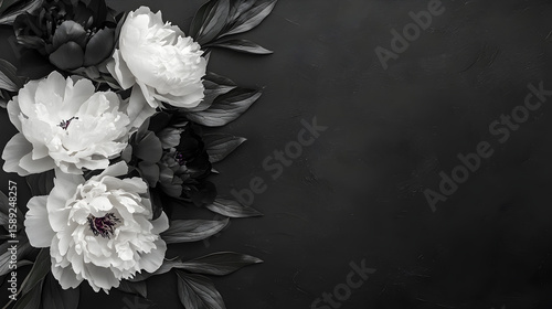 diseño de tarjeta o plantilla para esquela o funeral con color negro liso con espacio de copia y con un ramo de flores peonias color blanco elegantes y abstracto 