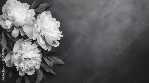 diseño de tarjeta o esquela con un fondo efecto humo en color negro con un ramo de flores peonias blancas para diseño decorativo elegante y minimalista artistica