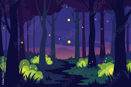 forest glade with fireflies glowing at dusk 