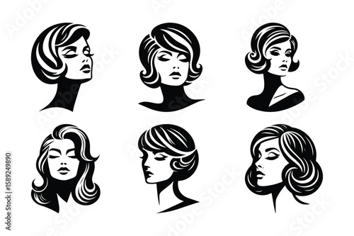 Elegant Women's Hairstyles Vector Set: Vintage Bob, Curly Hair, Retro Fashion Illustrations for Beauty Salons and Hairdressers