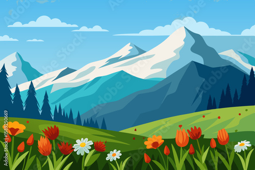 high altitude meadow with wildflowers  a distant 