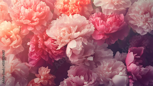 Fototapeta Naklejka Na Ścianę i Meble -  un diseño floral con flores peonias dentro de un marco en tonos rosa pastel estilo romantico y vintage con textura para cuadro decorativo botanico y ornamental 