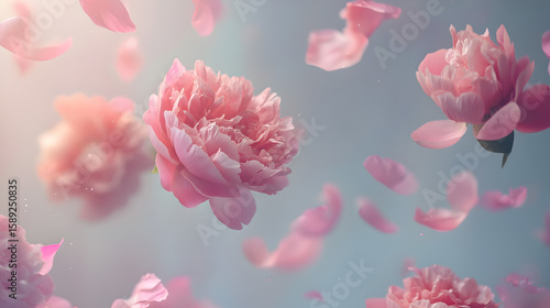 Fototapeta Naklejka Na Ścianę i Meble -  un diseño floral de un fondo con flores peonias color rosa cayendo sobre el fondo con petalos diseño elegante y romantico detallado 