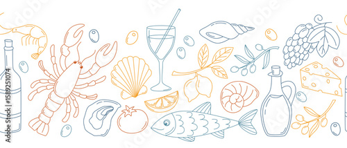 Seamless border with outline Mediterranean style elements. Doodle hand drawn Italian summer background