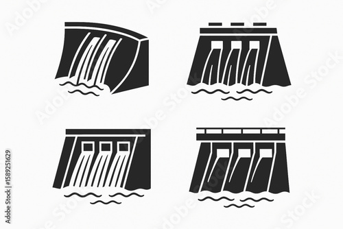 Hydroelectric Dam Icons Set – Renewable Energy and Water Resource Control Vector
