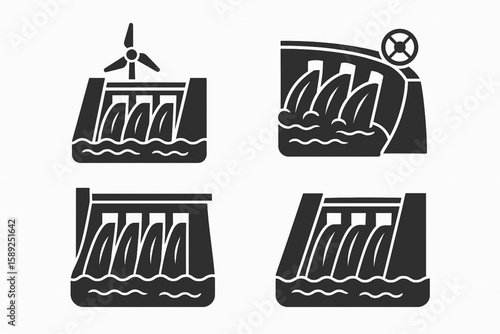 Hydroelectric Dam Icons Set – Renewable Energy and Water Resource Control Vector