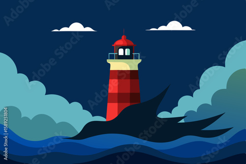 lighthouse in stormy sea with crashing waves 
