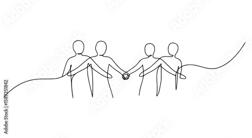 Group of four people holding hands in a continuous line drawing - Concept of single line outline vector peace day  